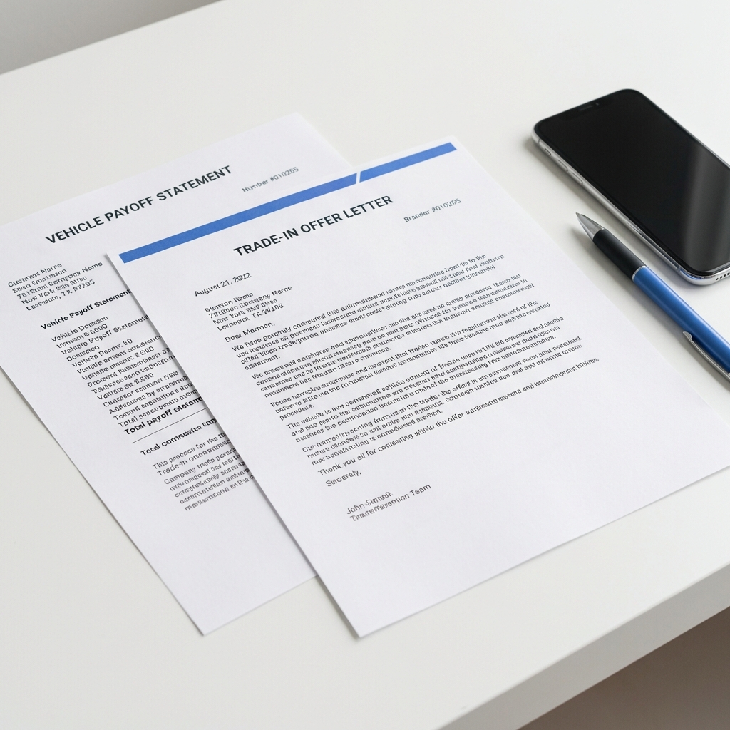 Close up printed payoff statement and trade in car offer letter on white table with pen and smartphone in minimalist CarFax Deals style
