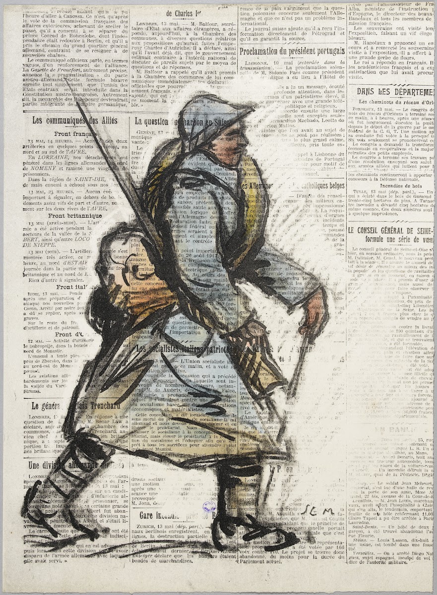 Soldat marchant vers la droite sur fond de papier journal 1917 1918