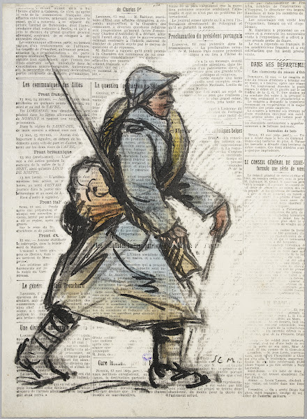 Soldat marchant vers la droite sur fond de papier journal 1917 1918