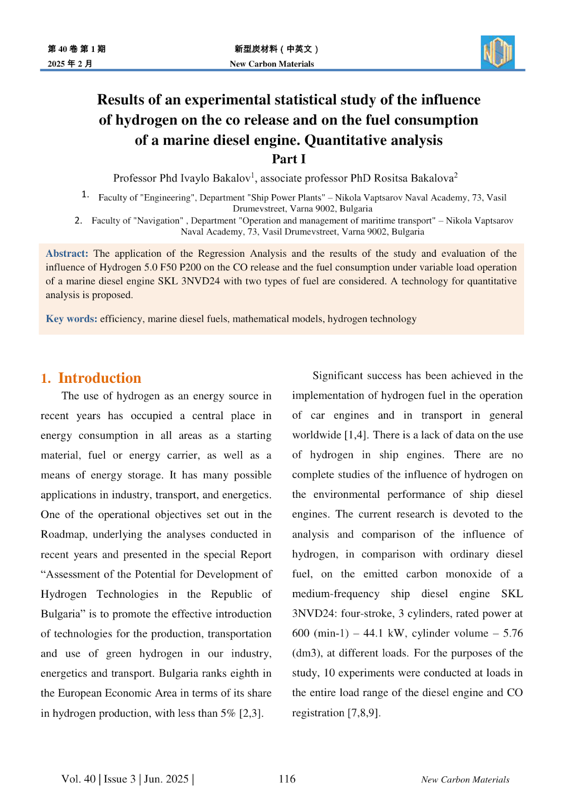 Results of an experimental statistical study of the influence of hydrogen on the co release and on the fuel consumption of a marine diesel engine. Quantitative analysis Part I