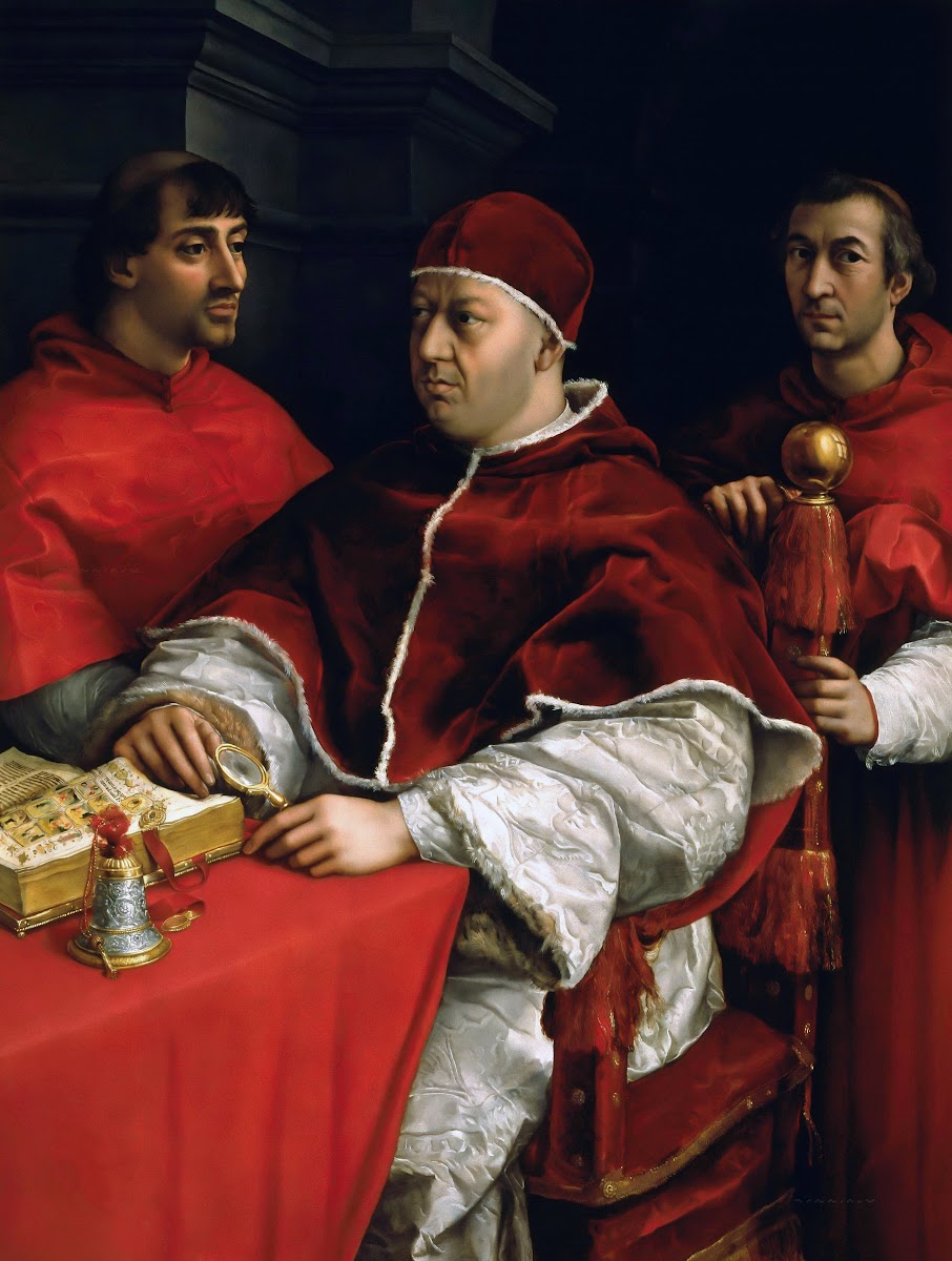 Portrait of Pope Leo X with Cardinals Giulio de Medici and Luigi de Rossi circa