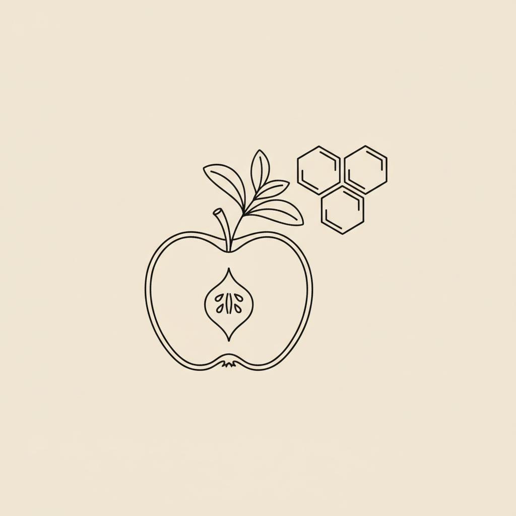 Minimal Tonum-style line illustration of a sliced apple, stevia sprig, and small honeycomb on a beige background representing sweet but no sugar.
