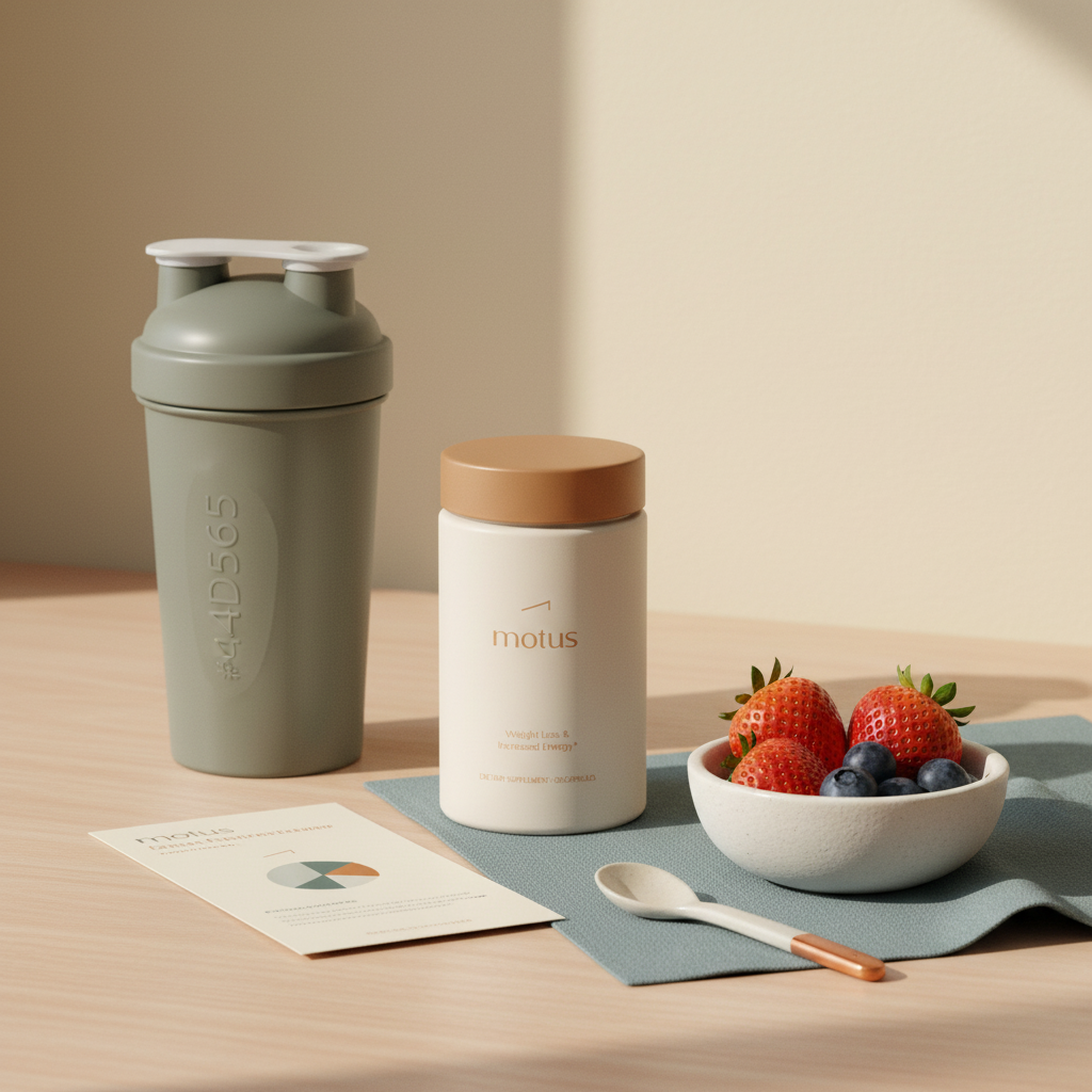 Close-up Motus jar with shaker and bowl of berries on a light wood table in a minimalist Tonum scene, illustrating whey protein and weight loss support in natural daylight.