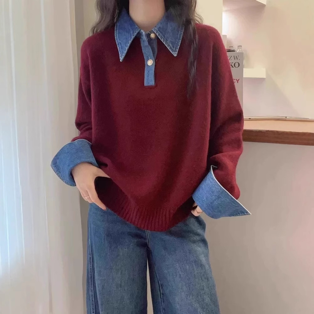 Women’s knit sweater with polo collar and denim sleeves