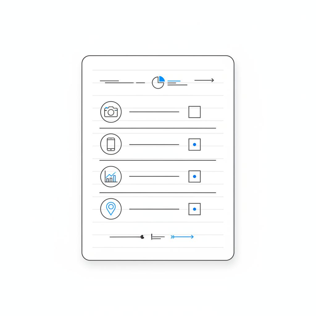 Minimalist 2D vector checklist notebook page showing Yelp-related task icons&mdash;camera, phone, analytics chart, badge&mdash;white background, blue accents