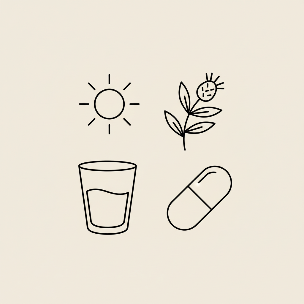 Minimalist line illustration of a sun, glass of water, supplement capsule and milk thistle sprig on beige background representing magnesium and wellness.