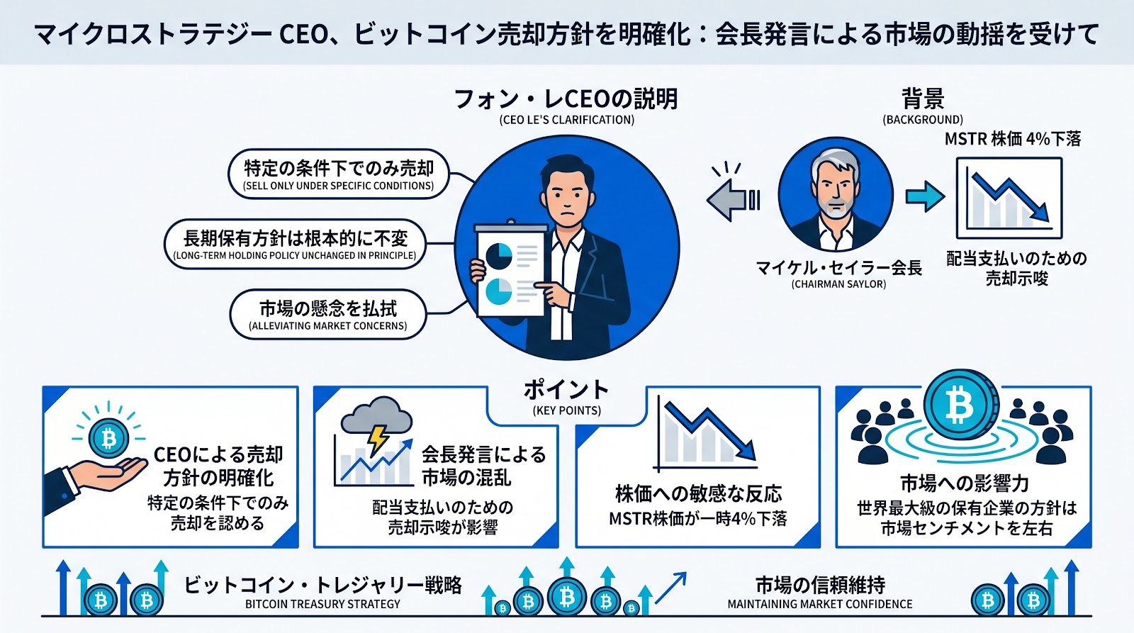 マイクロストラテジーCEOがビットコインの売却条件に言及、会長発言による市場の動揺を受け