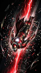 High-Action Illustration of an Armored Hero Flying Through a Digital Red Void
