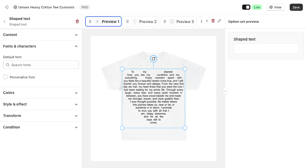 Fonts & characters panel with Default font and Personalize font fields