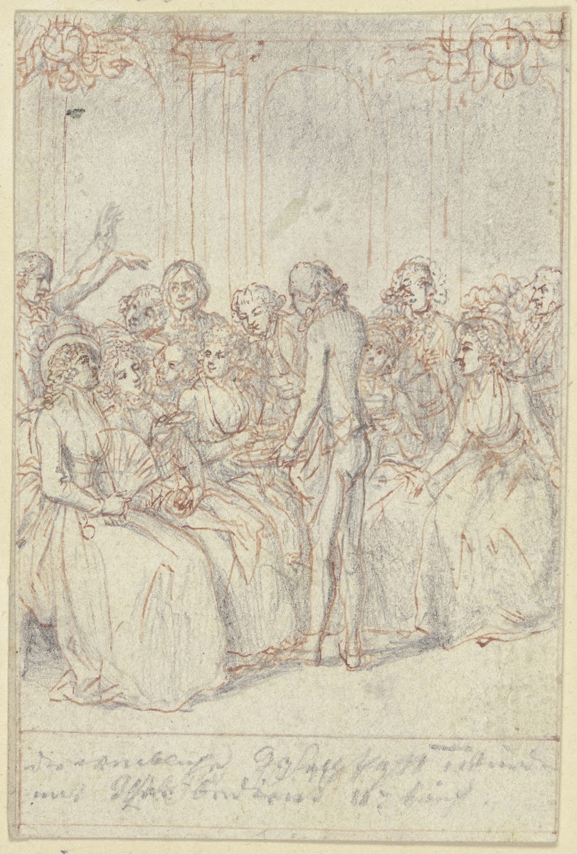Eine Gruppe sitzender Damen einige halten Tassen in den Händen ca 1795