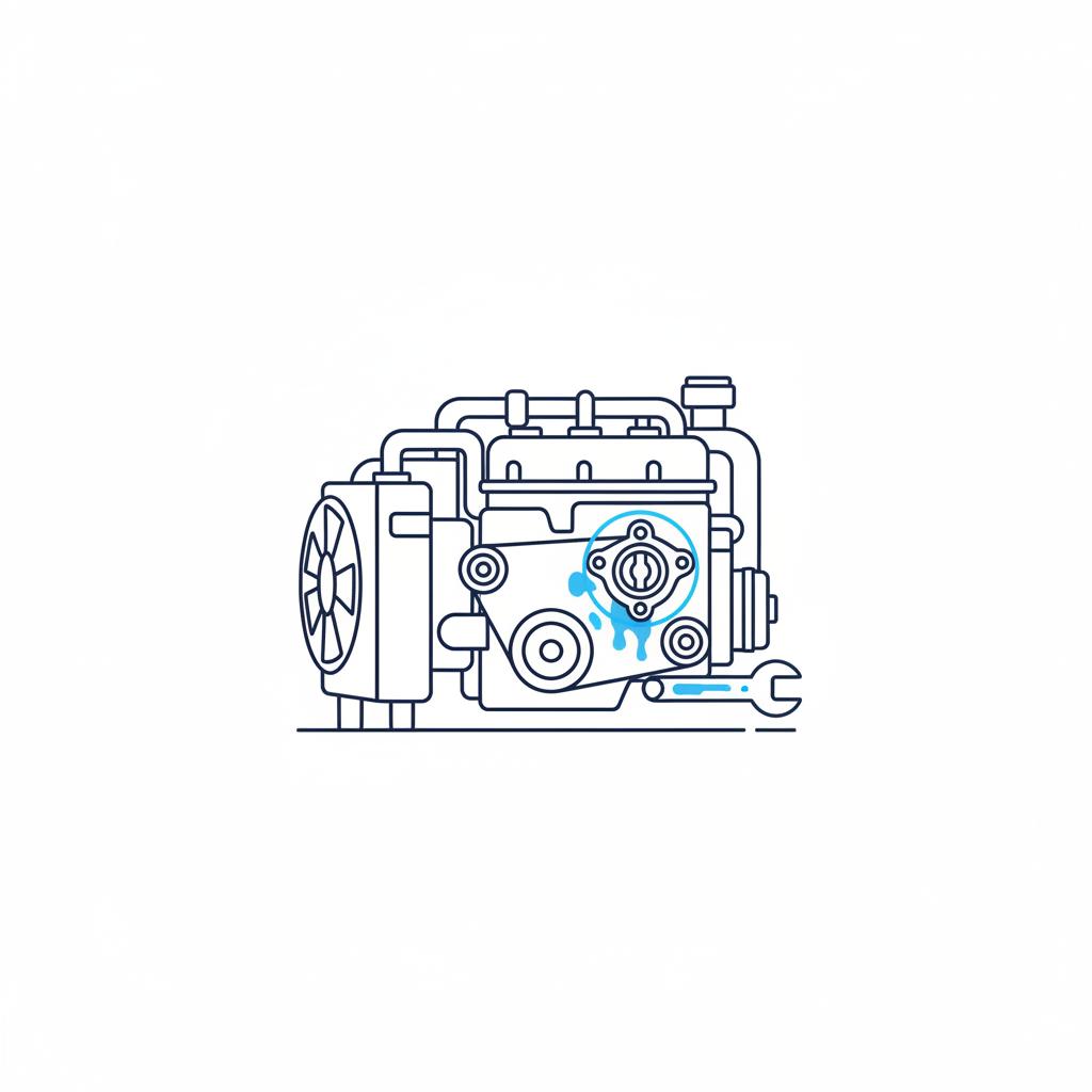 Minimalist vector illustration of an engine bay thermostat area with visible blue coolant residue and a nearby wrench, porsche cayenne for sale