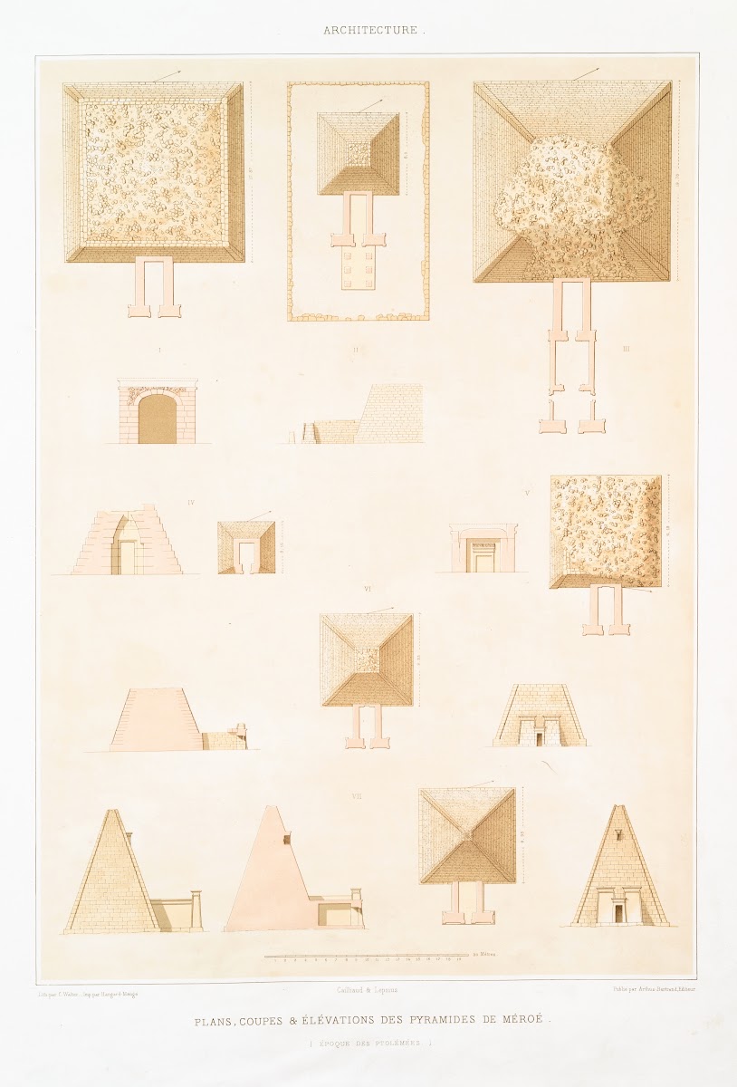 Architecture plans coupes  élévations des pyramides de Méroé époque des Ptolémée