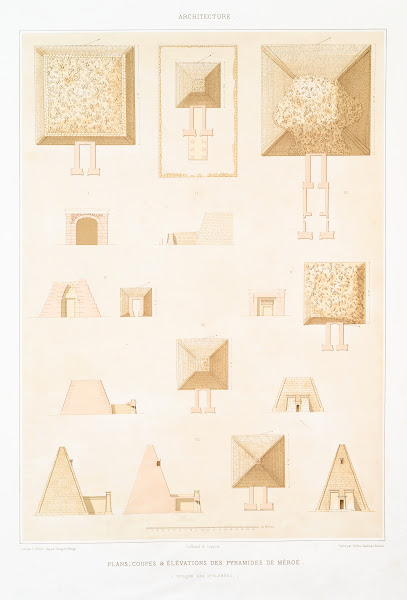 Architecture plans coupes  élévations des pyramides de Méroé époque des Ptolémée