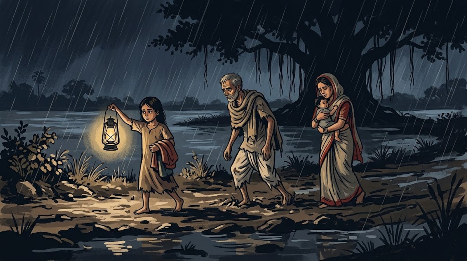 লণ্ঠন হাতে বর্ষার কাদা-জলে সরকারদের বাড়ির পথে নীলমণির পরিবার