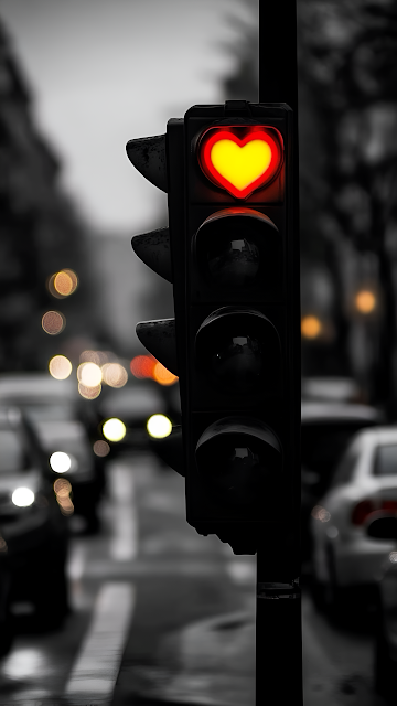 Red Heart Traffic Light Glows on Rainy City Street - Free mobile Wallpaper