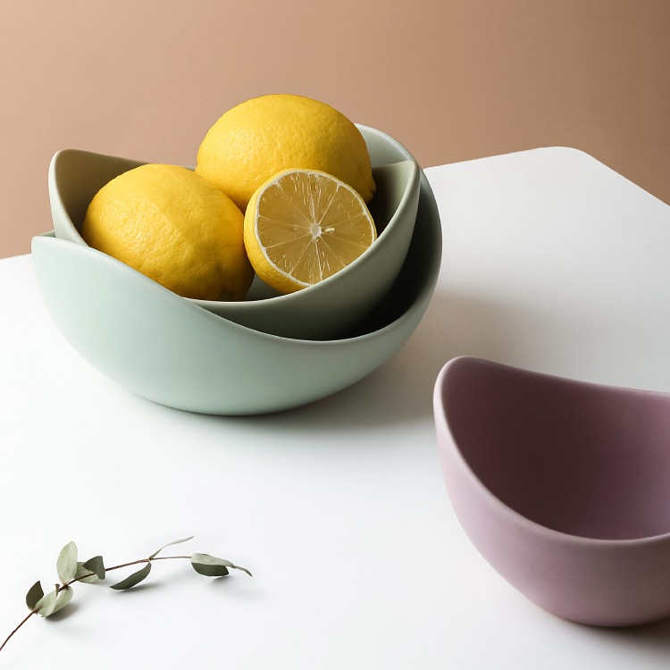 Ceramic Bowl Set, Lotus Shape, Muted Colors