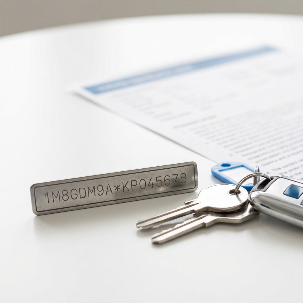 Close up of VIN plate and car keys on white table with blurred vehicle history report behind, clean minimalist styling for audi car dealership near me