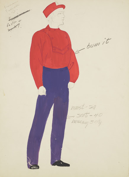 New York Fireman Red button shirt purple trousers and red cap 1934 1943