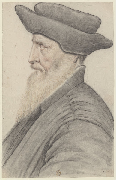Homme à longue barbe blanche coiffé dun bonnet noir à bord relevé de profil à ga