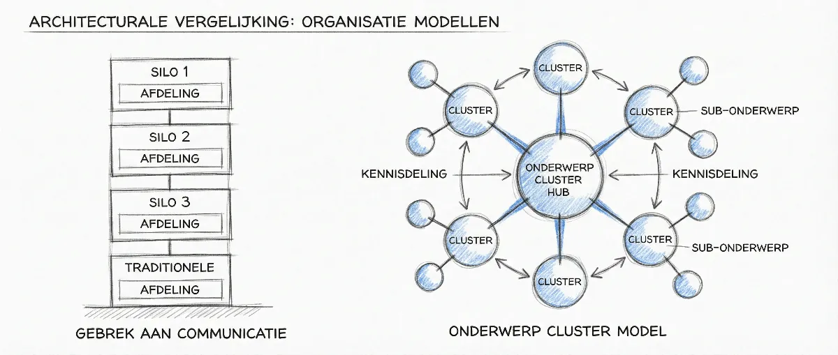 Vergelijking tussen de architectuur van Topic Clusters en Content Siloing