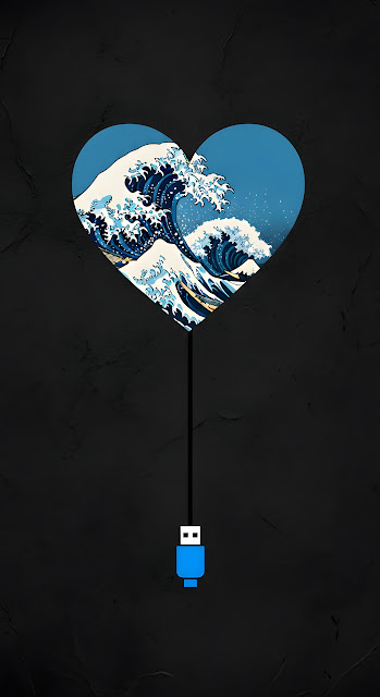 Conceptual Graphic Design of Ocean Waves Inside a Heart Connected to a USB Plug on Dark Background - Free mobile Wallpaper
