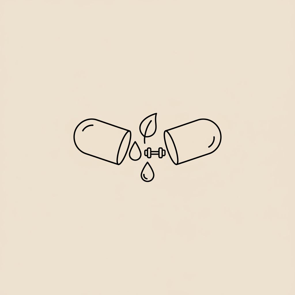 Minimalist vector line illustration of an open capsule revealing a leaf, droplet, and small dumbbell on a beige background, conceptual image for skinny pills