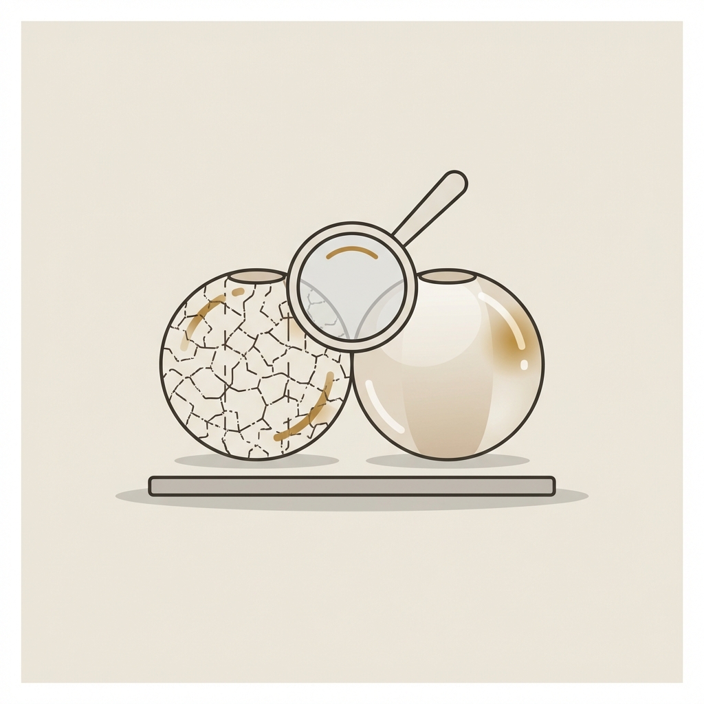 Minimalist vector side by side comparison of a crizzled ancient roman glass jewelry bead and a smooth modern borosilicate bead with a handheld loupe on a warm beige background