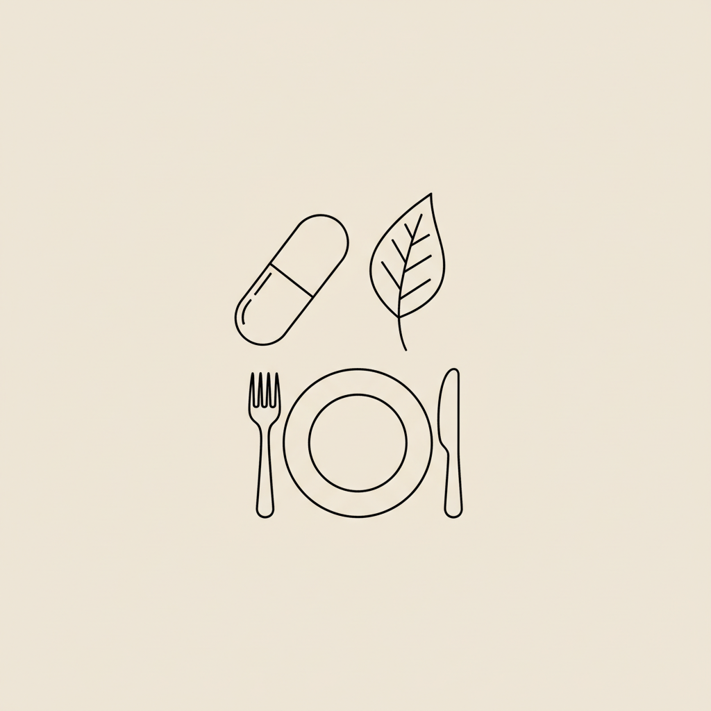 Tonum-style minimalist line icon of capsule, leaf, and plate with fork and knife on beige background, illustrating best supplement for losing weight fast