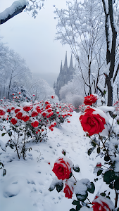 Red Roses Blooming in Snowy Garden Near Cathedral