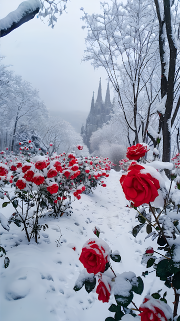 Red Roses Blooming in Snowy Garden Near Cathedral - Free mobile Wallpaper
