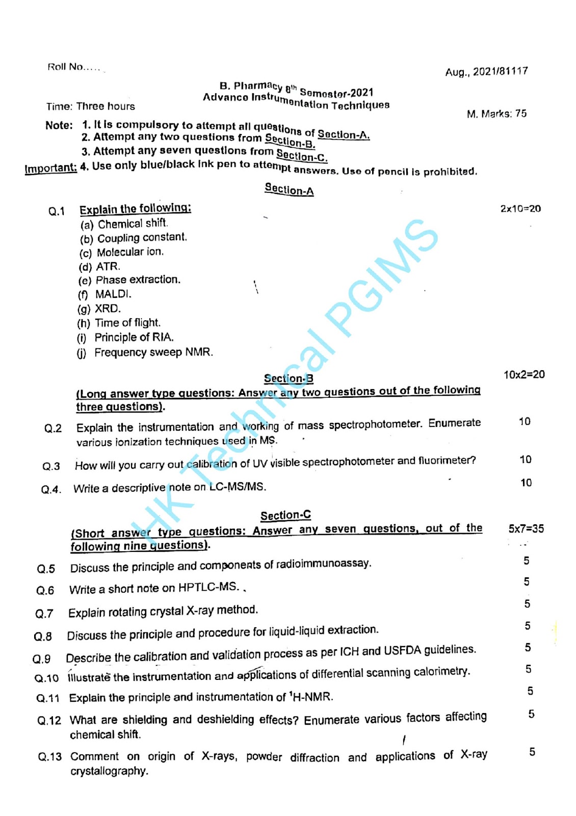 BP811ET Advanced Instrumentation Techniques PGIMS 8th Semester B.Pharmacy Previous Year's Question Paper,BP811ET Advanced Instrumentation Techniques,BPharmacy,BPharm 8th Semester,Previous Year's Question Papers,