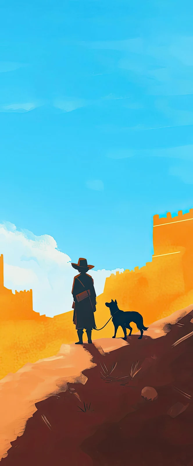 Wanderer And Dog In Desert - Digital Illustration 2K iPhone Wallpaper (2000x4818)