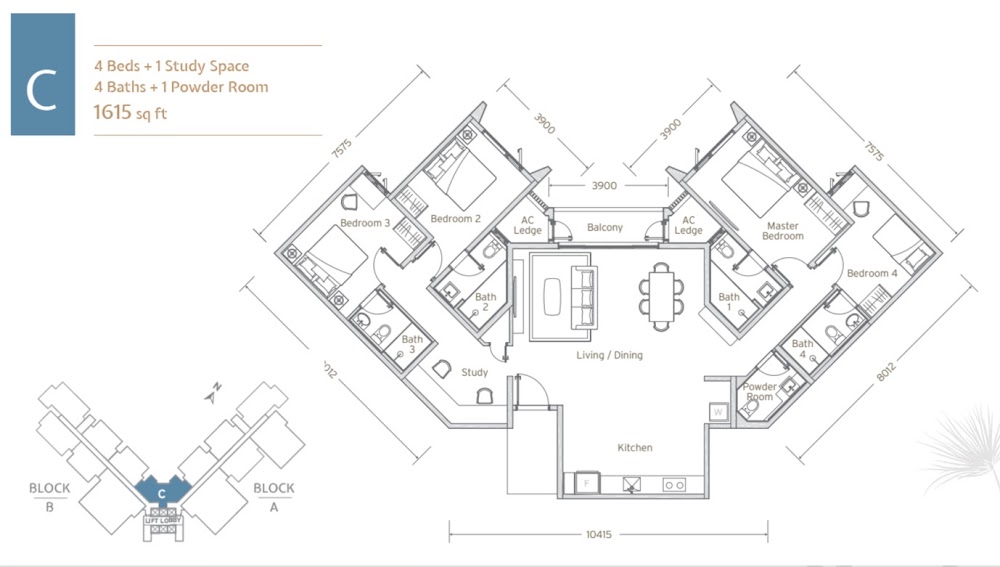 Papyrus Type C floor plan — 1529 sq ft, 4 bedrooms