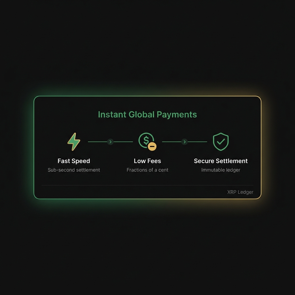 Minimalist illustration of XRP Ledger fast payment flow with icons for speed low fees and secure settlement in Finance Police colors best crypto to invest in
