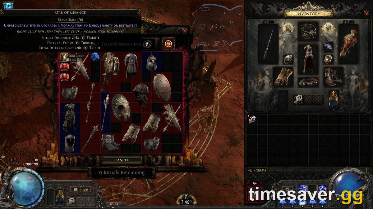 Path of Exile 2 Ritual reward window showing tribute cost, deferral fee and loot, the mechanic worth farming once the Ritual Atlas tree is invested