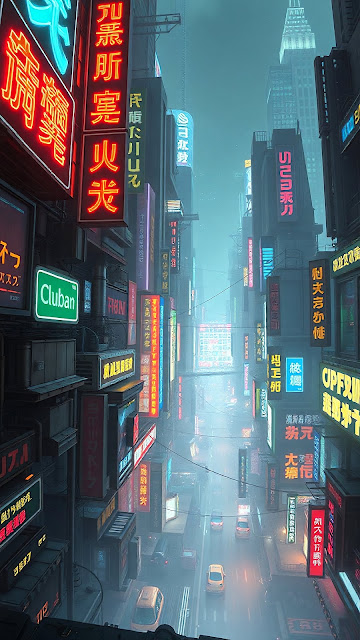 Neon Cyberpunk Street in Rainy Foggy City - Free mobile Wallpaper