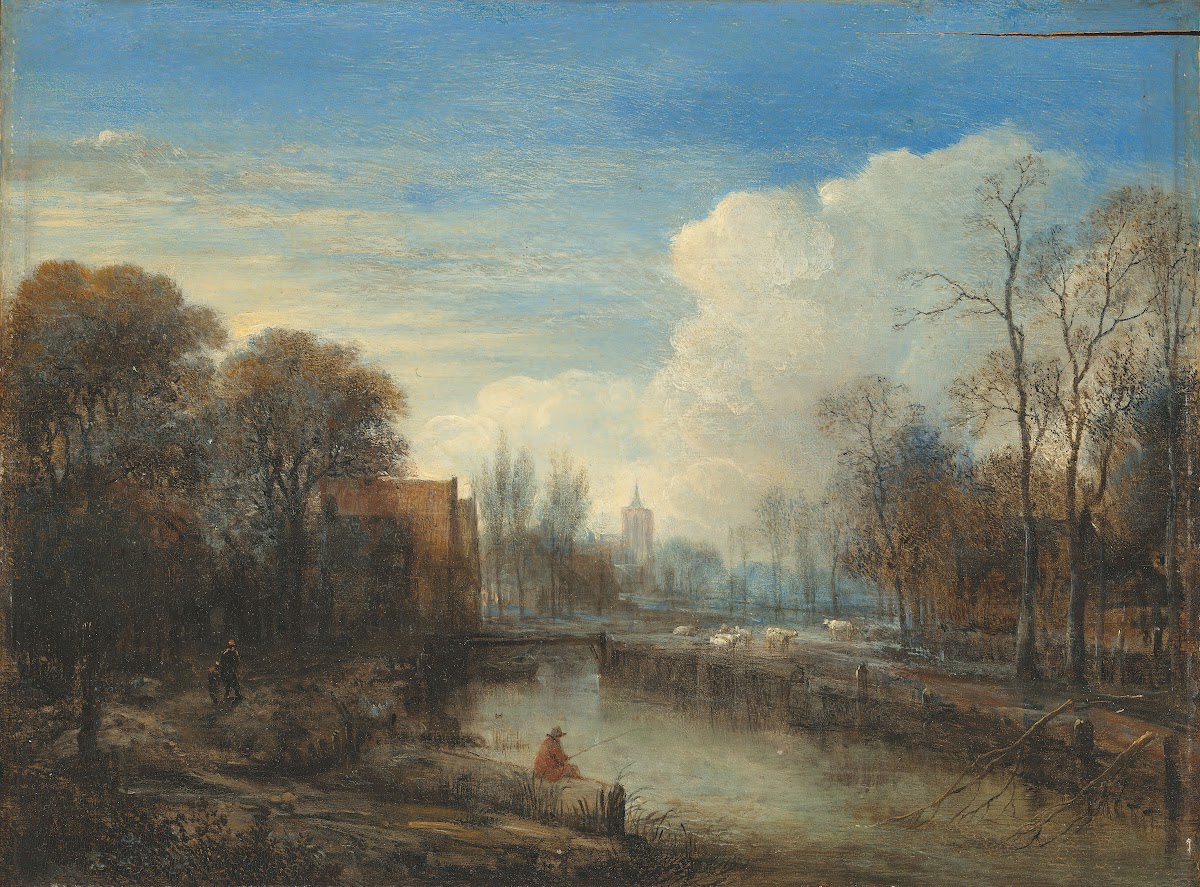 A river landscape with an angler and sheep on the banks