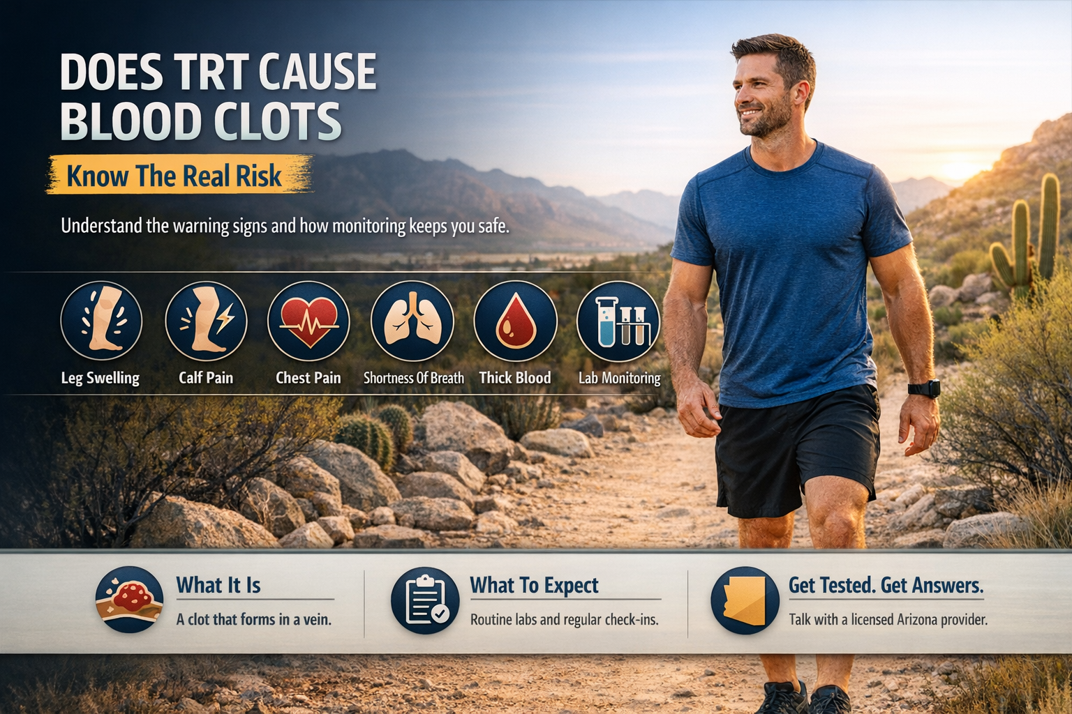 Does TRT Cause Blood Clots? What Arizona Men Should Know — AZTRT Arizona TRT clinic blog cover showing an active man on a desert trail with icons for leg swelling, calf pain, chest pain, shortness of breath, thick blood and lab monitoring