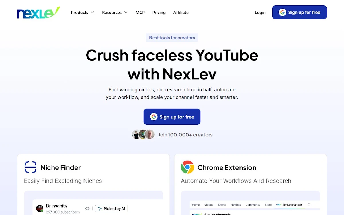 Captura de Nexlev - AI-Powered YouTube Niche Finder