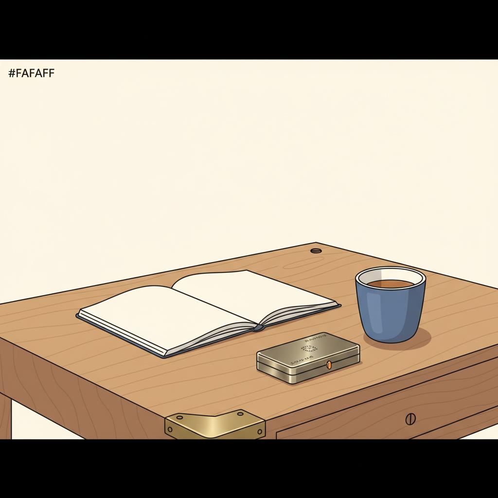 Minimalistische 2D-Vektor-Nahaufnahme eines Schreibtischs mit Notizbuch, Tasse Tee und graviertem Metall-Keep-sake in warmer, ruhiger Atmosphäre, emotionale präsenz
