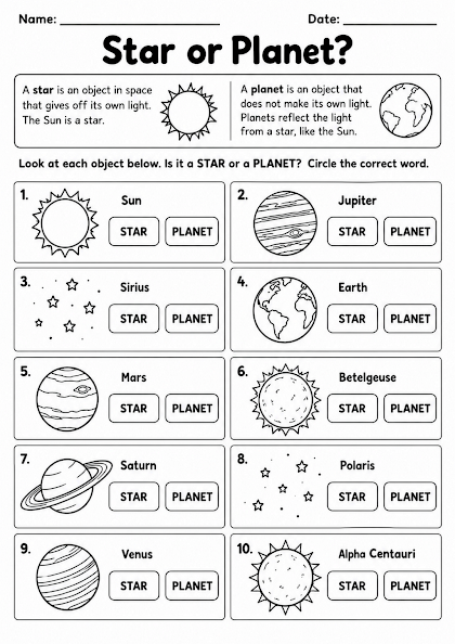 Star or Planet Worksheet