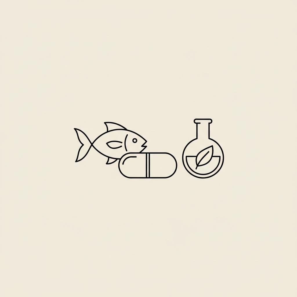 Minimalist Tonum-style line illustration of a fish, B-vitamin capsule, and small flask with a leaf on beige background — what vitamin is neuroprotective