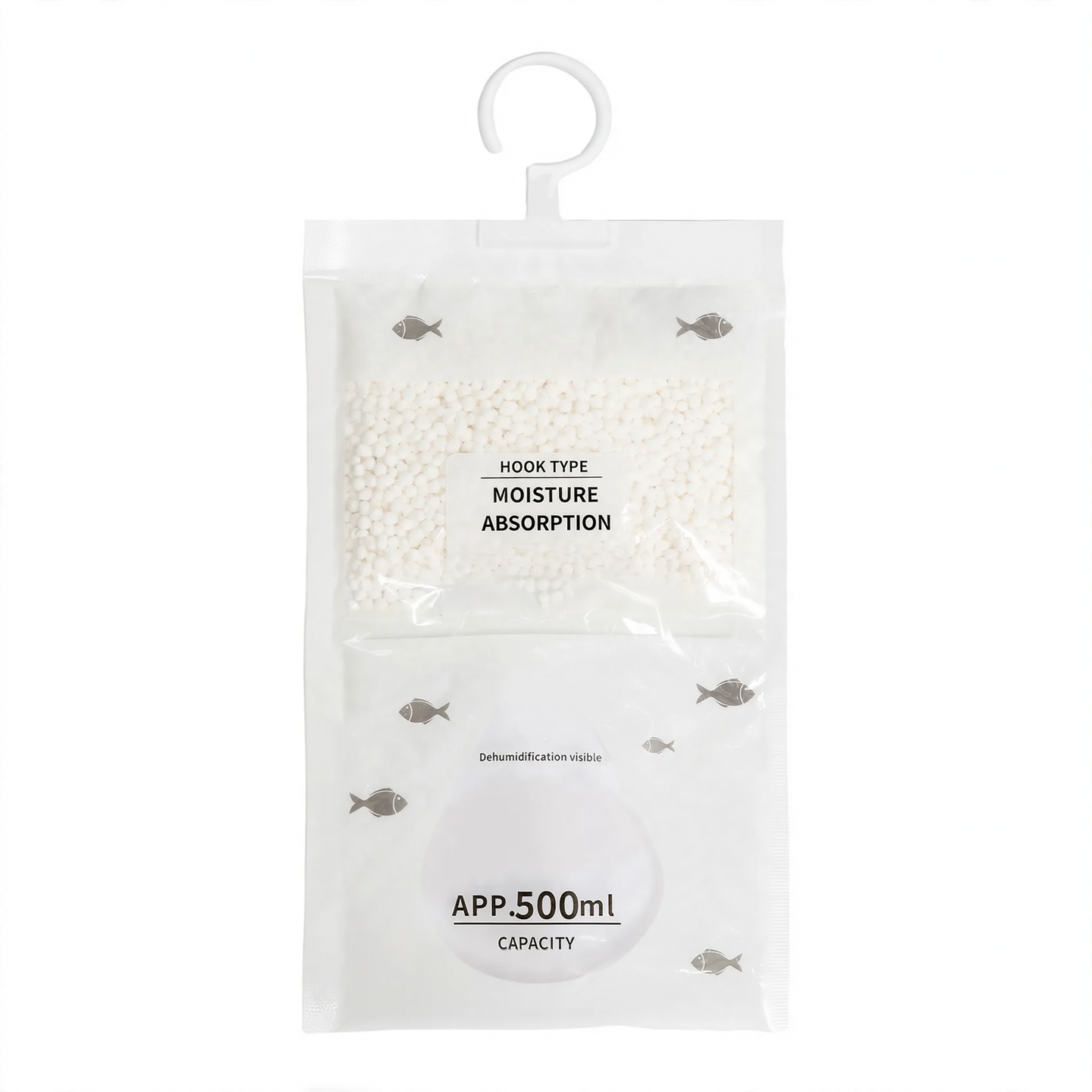 Hanging dehumidifying bag for closets and living spaces