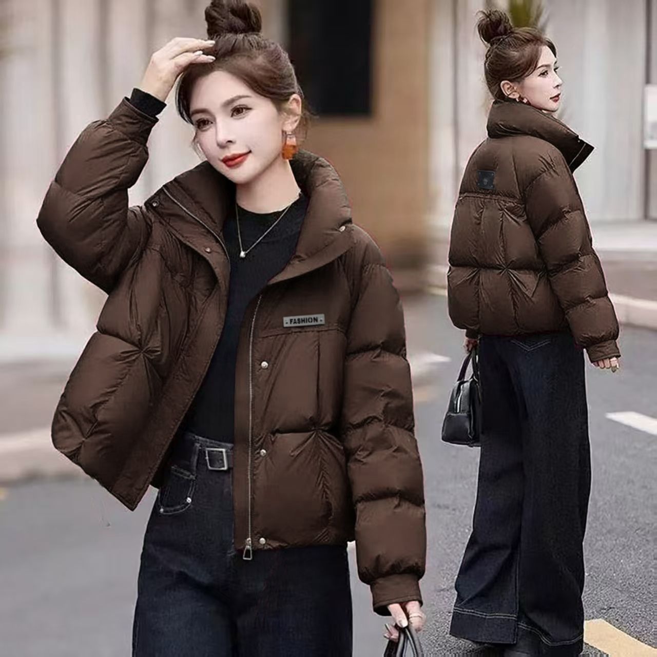 Short women's puffer jacket, stand collar, lined
