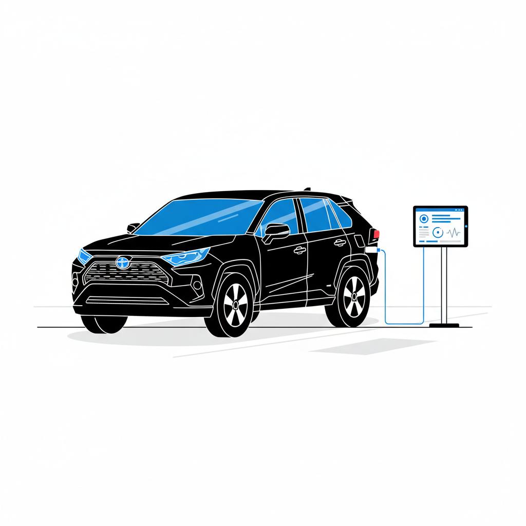 Minimalist vector illustration of a toyota rav 4 hybrid for sale in a service bay with a diagnostic tablet showing blue scan bars on a white background
