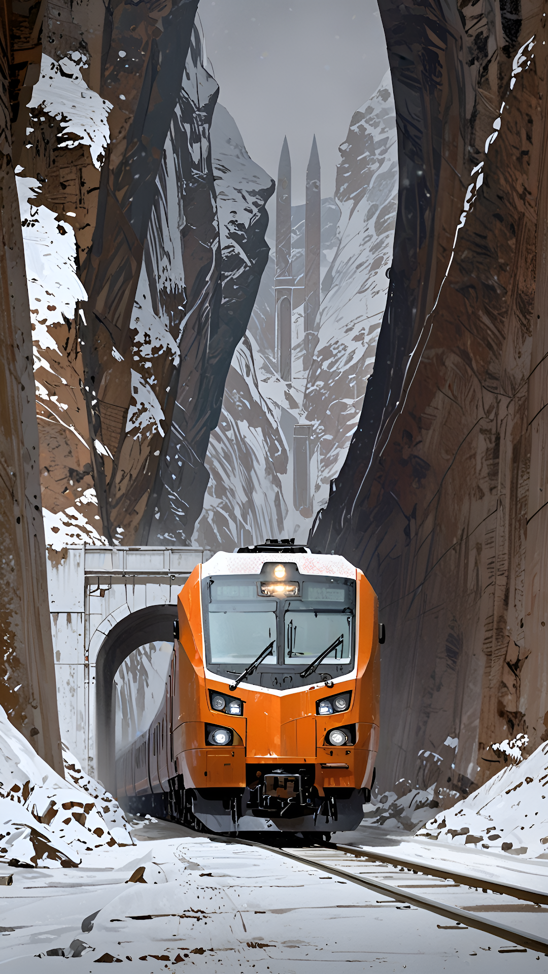 Orange Train in Snowy Mountain Pass, Vertical Cliff Railway - Free 4K mobile Wallpaper
