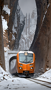 Orange Train in Snowy Mountain Pass, Vertical Cliff Railway