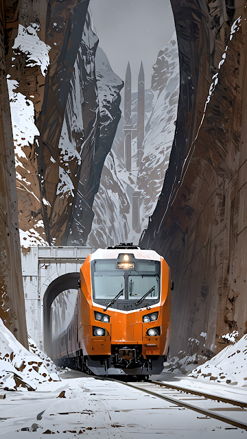 Orange Train in Snowy Mountain Pass, Vertical Cliff Railway - Free mobile Wallpaper