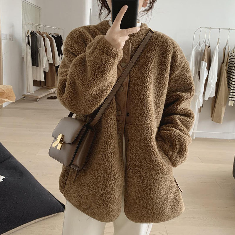 Women's Faux Shearling Jacket, Stand Collar, Lined