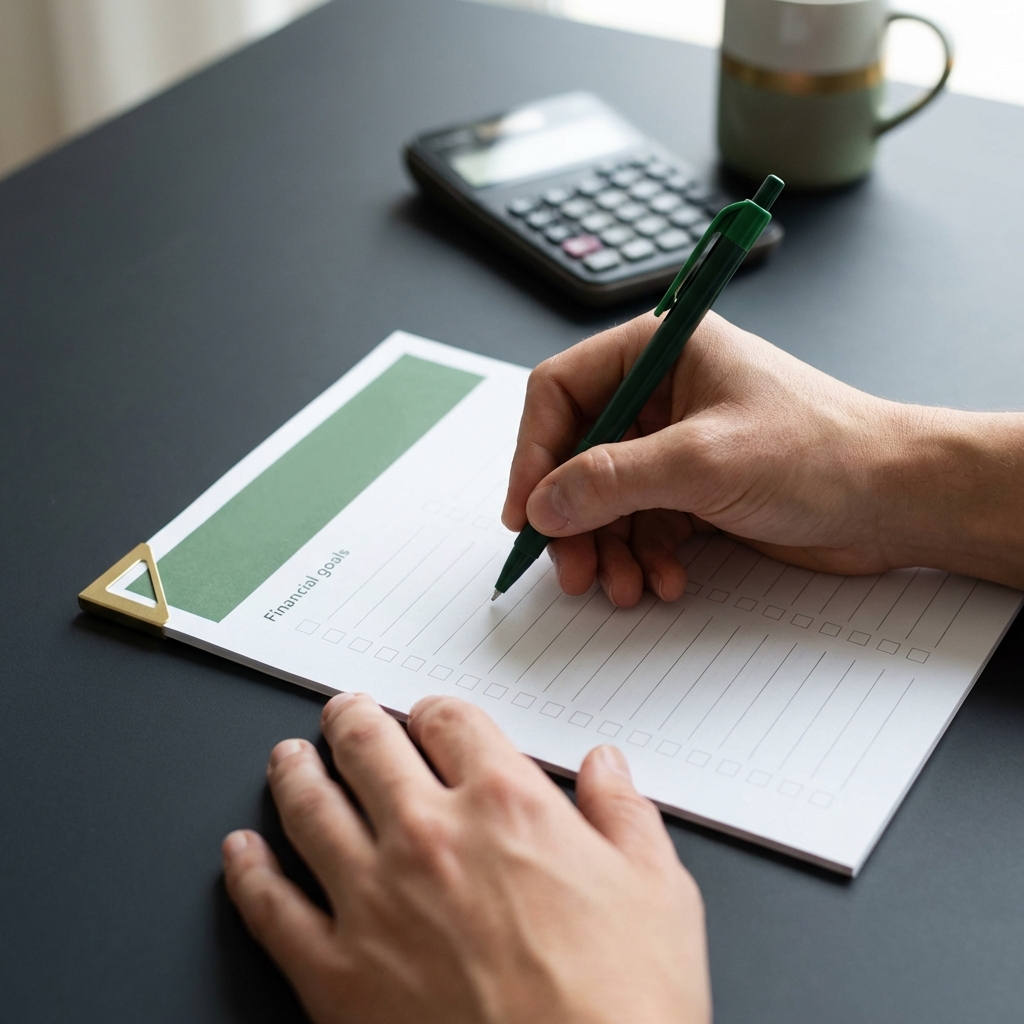 Close up of hands filling a one page financial goals worksheet on a dark desk in Finance Police colors with green pen accent learn how to invest